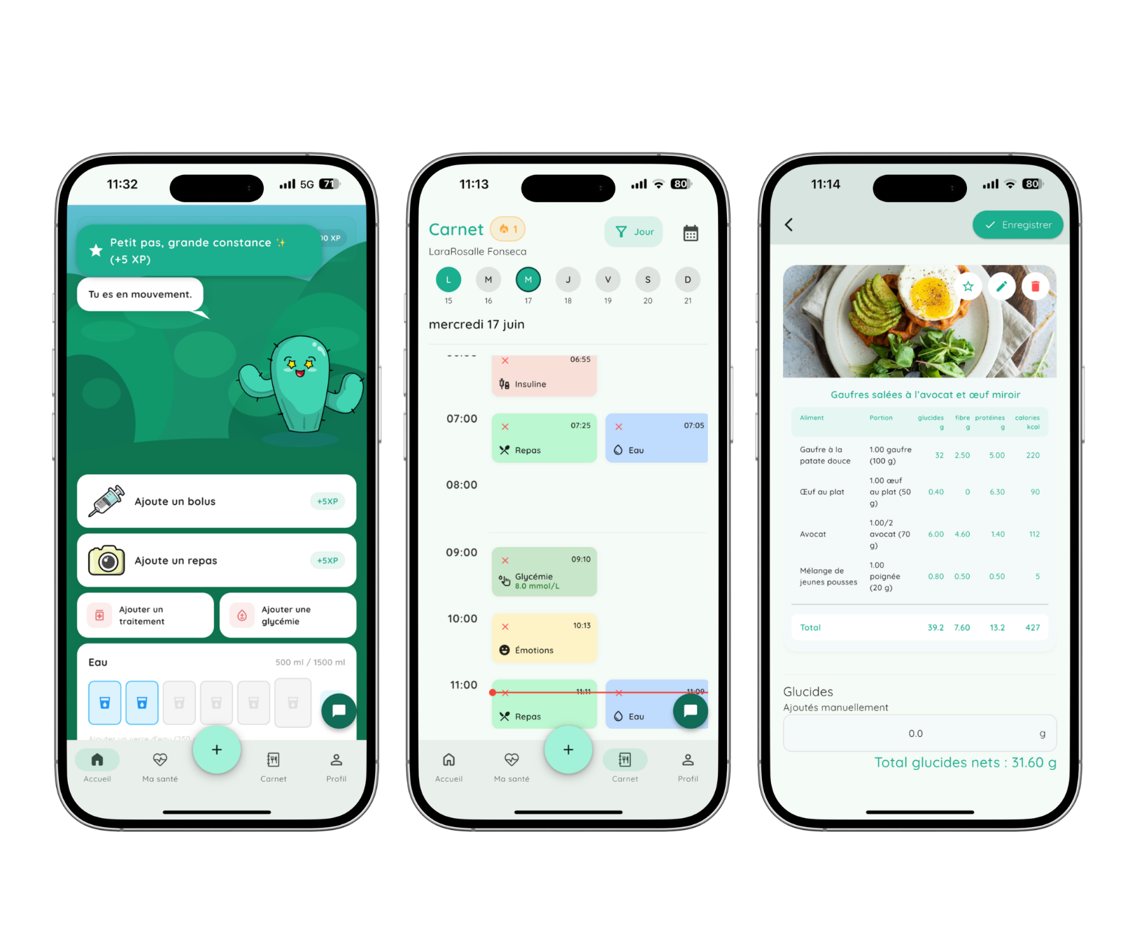 Aperçu de l'application Petit Cactus sur trois écrans — tableau de bord glycémie, indicateurs et graphiques