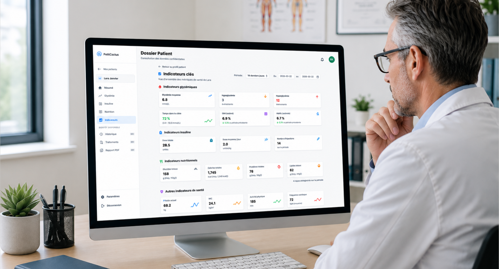 Interface de la plateforme clinique Petit Cactus Pro — tableau de bord pour professionnels de santé